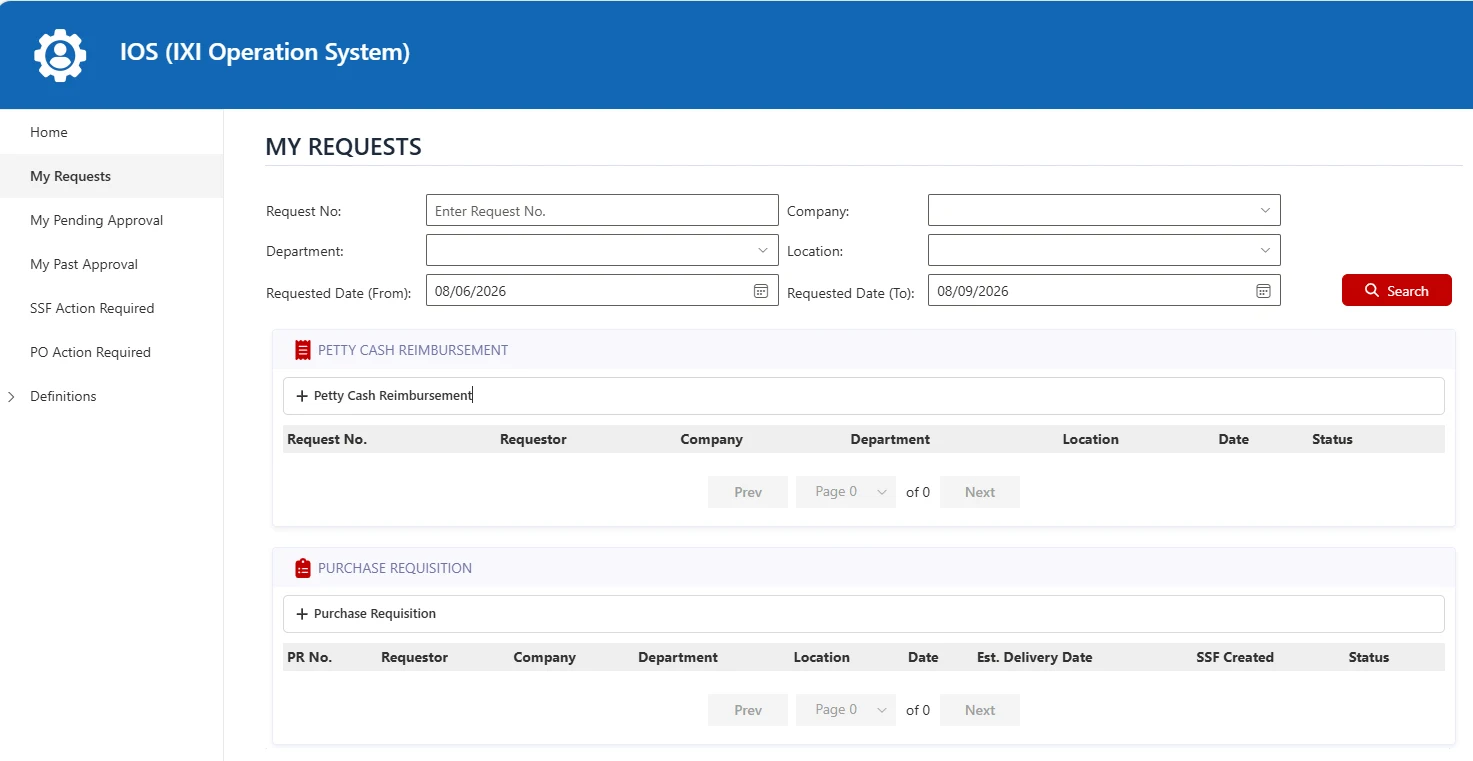 The IOS My Requests screen, listing petty cash reimbursement and purchase requisition requests with filters for company, department, location and date.